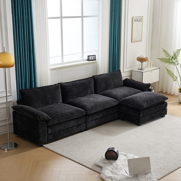 3-Seater Modular Sofa with Footstool Black Chenille – Zavior Dubai