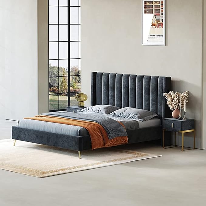 Charcoal Cotton and Polyester Upholstered Bed – Luxury Platform Bed for Apartment