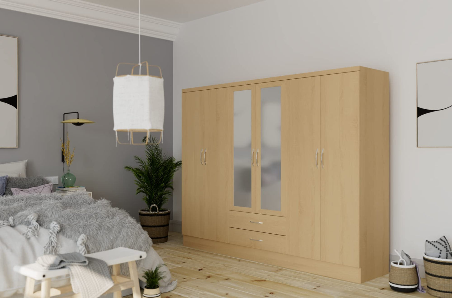 6 Door Wooden Wardrobe with Mirror