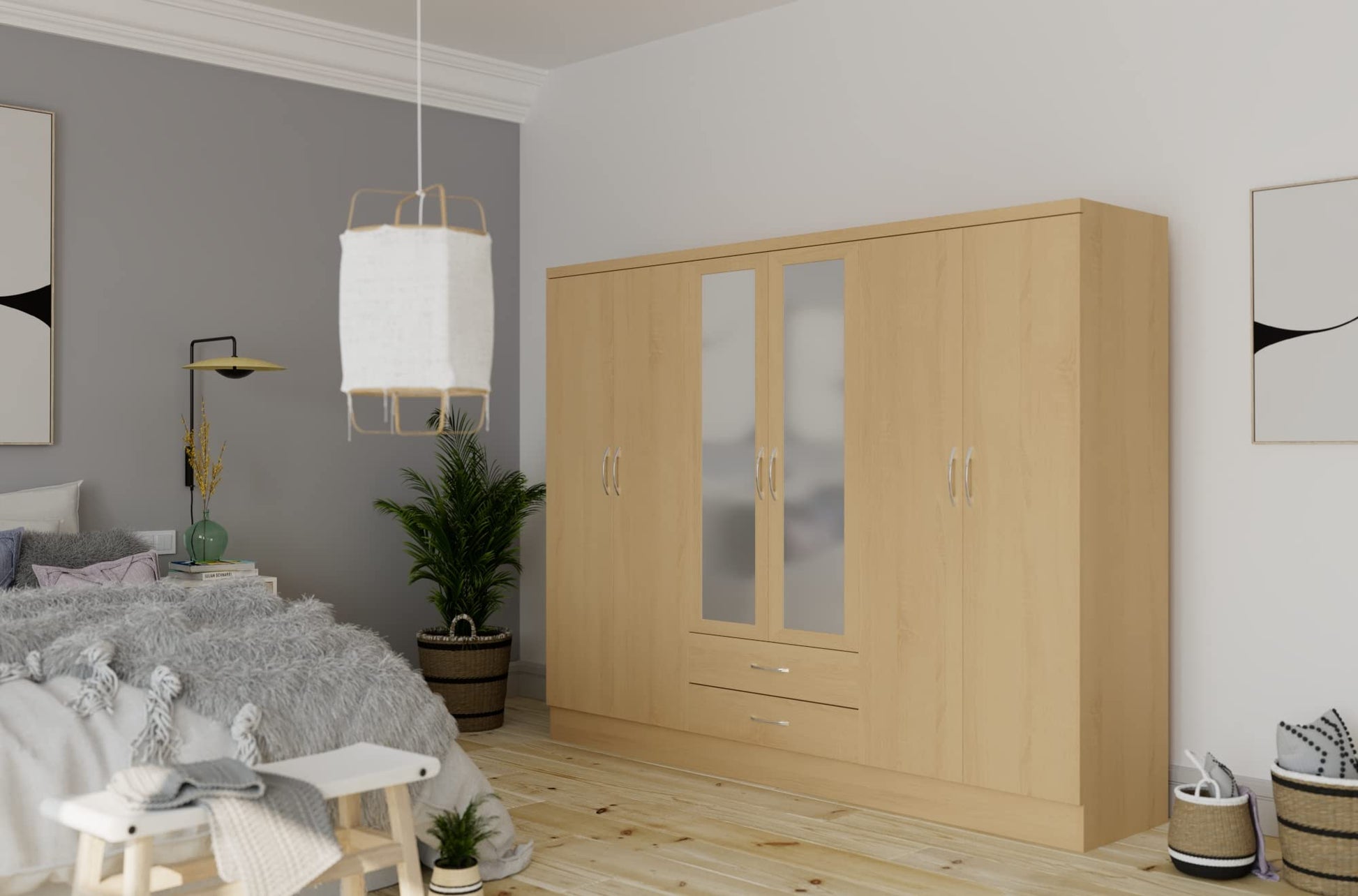 6 Door Wooden Wardrobe with Mirror