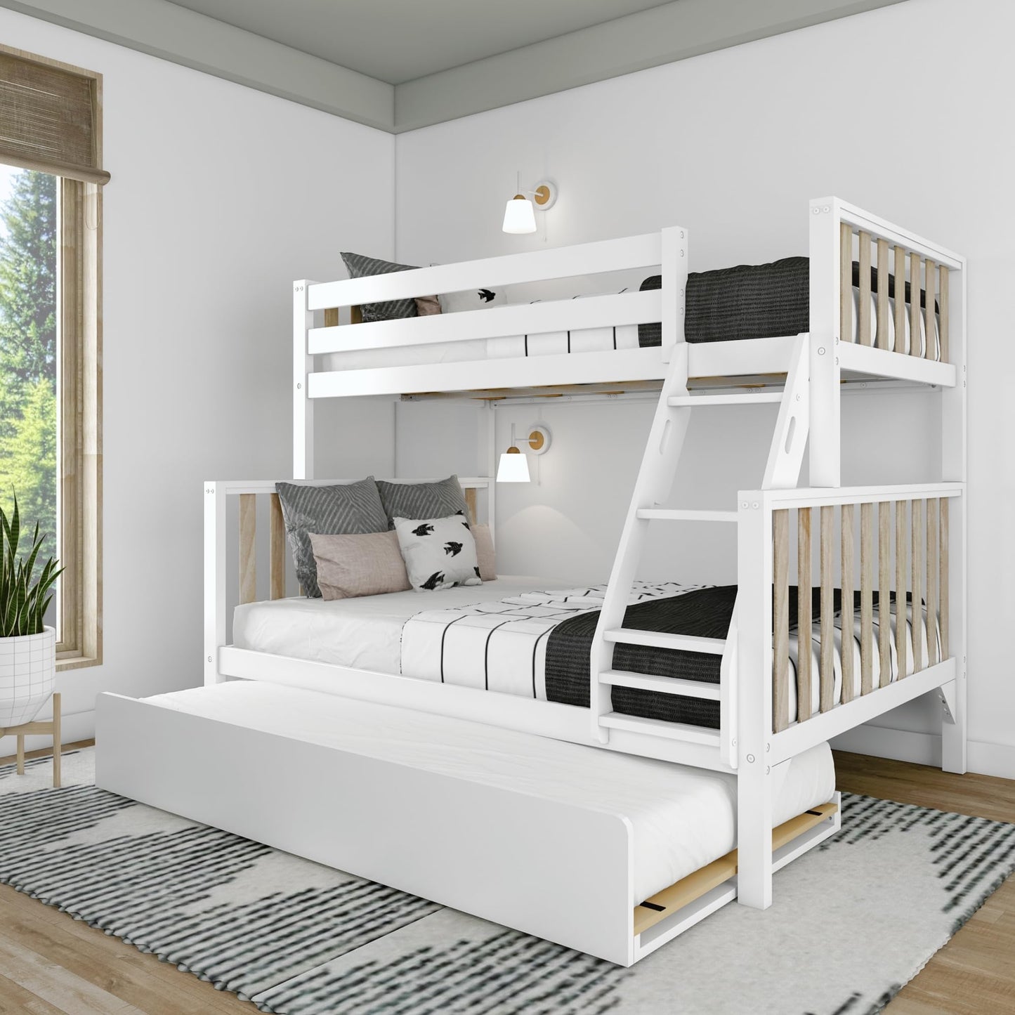 Twin over Full Bunk Bed with Trundle Bed - White