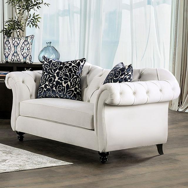 Royal style tufted sofa in light mocha fabric