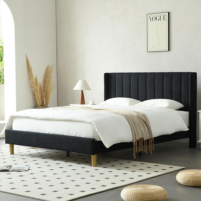 Alazyhome Upholstered Platform Bed Frame with Wingback Headboard