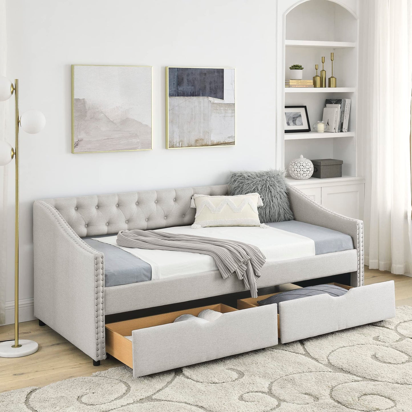Linen Daybed with Drawers,Tufted Sofa Bed with Button and Copper Nail