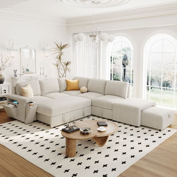 Beige 90.6" L-Shaped Sectional Sofa with Storage