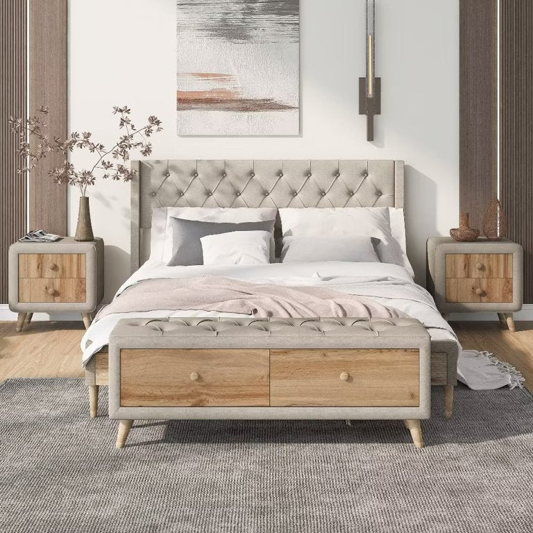 Platform bed with two nightstands and bench in full size Zavior furniture