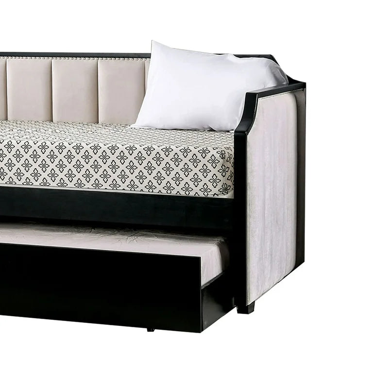 Fabric Upholstered Wooden Daybed with Vertical Tufting, Gray and Black