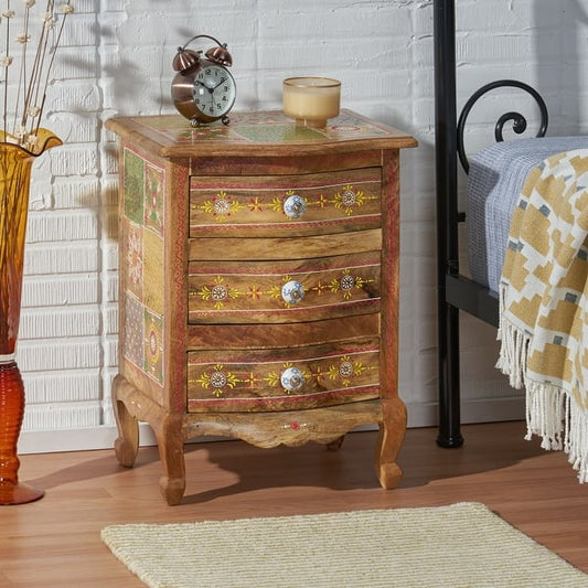 Ailey Handcrafted Mango Wood Nightstand with 3 Drawers