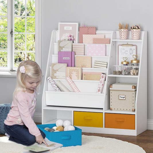 COSTARS Kids Bookshelf and Toy Storage – 5-Tier Sling Montessori Bookshelf with Bins