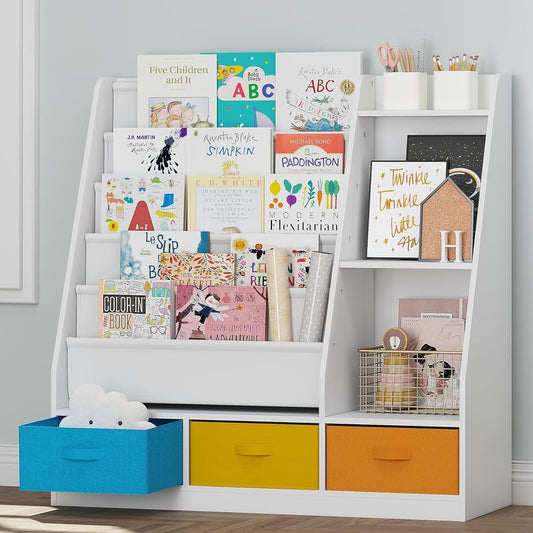 COSTARS Kids Bookshelf and Toy Storage – 5-Tier Sling Montessori Bookshelf with Bins