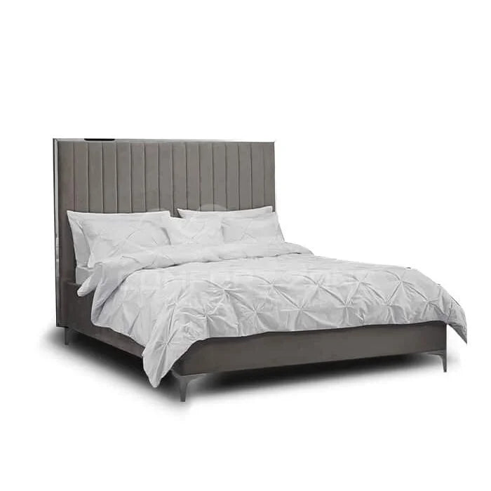 Grey Velvet King Size Bed Frame with Mirrored Headboard