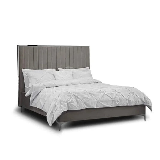Grey Velvet King Size Bed Frame with Mirrored Headboard