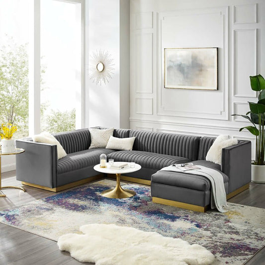 Cecilie Wide Velvet Symmetrical Sectional Sofa – U-Shaped Luxury with Gold Accents