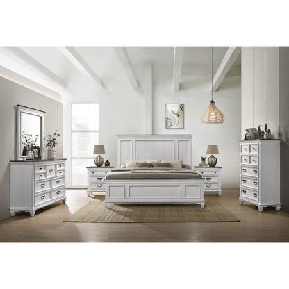 Roundhill Furniture Clelane Wood Bedroom Set with Bed, Dresser, Mirror, Two Nightstands, and Chest in Weathered White and Grey