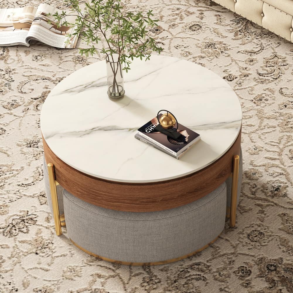 Round Coffee Table with Hidden Storage 3 Stools Included - 31'5" x 31'5"