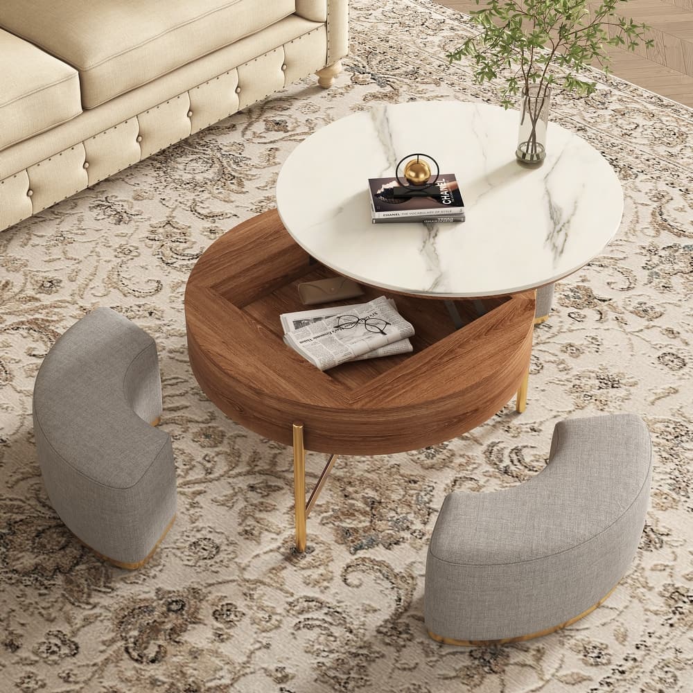 Round Coffee Table with Hidden Storage 3 Stools Included - 31'5" x 31'5"