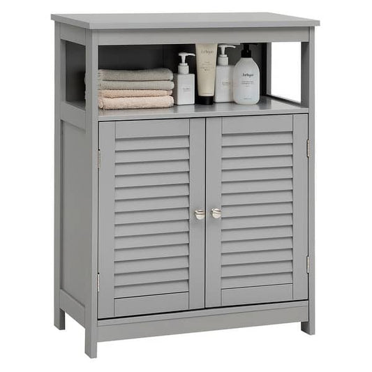 Costway Bathroom Storage Wood Floor Cabinet with Double Shutter Door - Grey