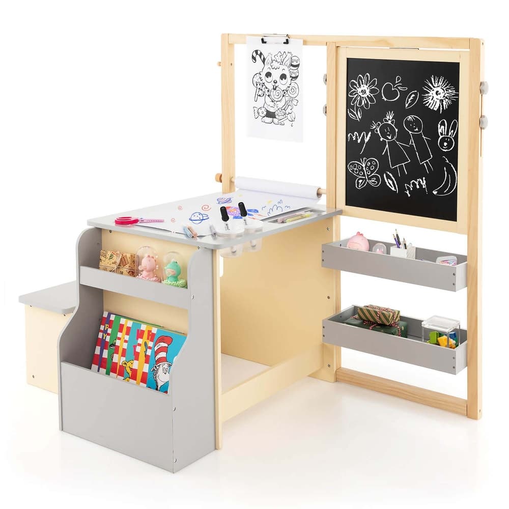 Costway Kids Art Center Wooden Table Bench Set Adjustable Double-Sided - See Details