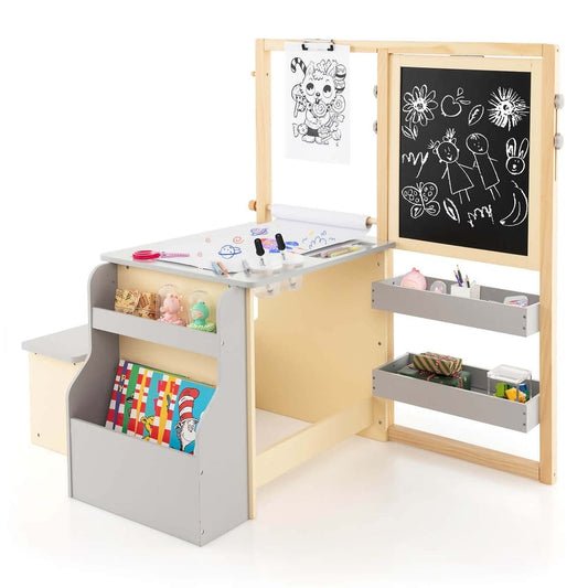 Costway Kids Art Center Wooden Table Bench Set Adjustable Double-Sided - See Details