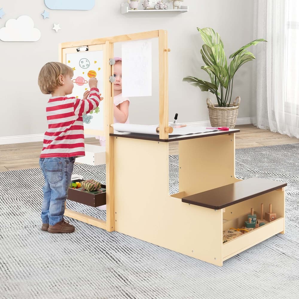 Costway Kids Art Center Wooden Table Bench Set Adjustable Double-Sided - See Details