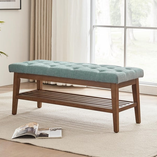 Entryway Shoe Bench Fabric Solid Wood, 43-inch Upholstered Bench for Living Room, Bedrooms, Kitchen - Brown