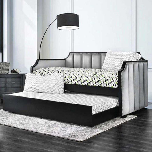Fabric Upholstered Wooden Daybed with Vertical Tufting, Gray and Black