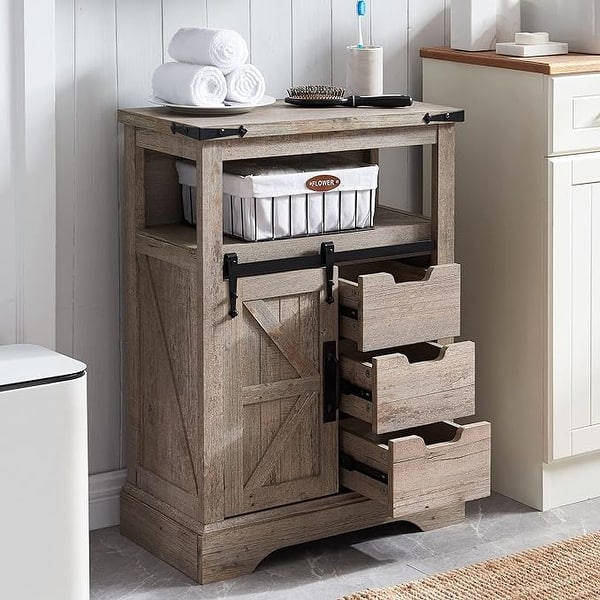 Bathroom Floor Cabinet with Sliding Door & Storage Drawers