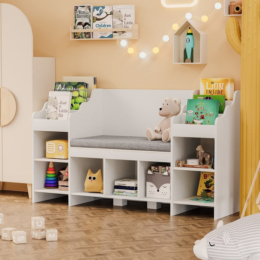Furniwell Kids Bookshelf with Reading Nook, 2 Seats Wooden Storage Organizer, White