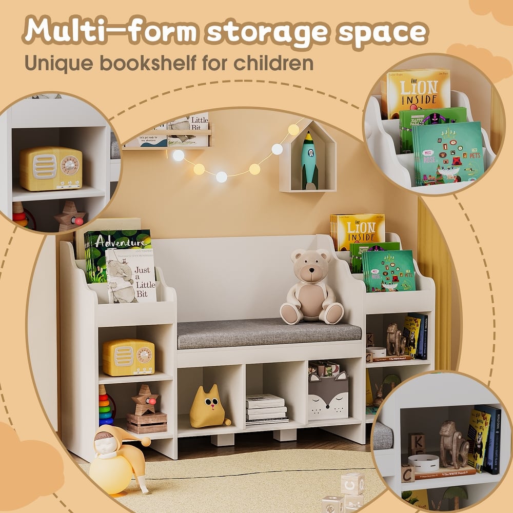 Furniwell Kids Bookshelf with Reading Nook, 2 Seats Wooden Storage Organizer, White