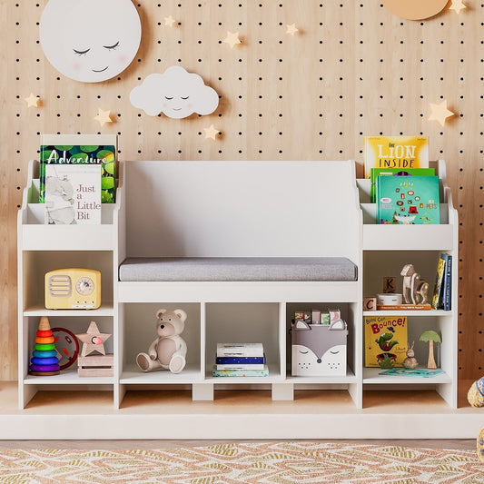 Furniwell Kids Bookshelf with Reading Nook, 2 Seats Wooden Storage Organizer, White