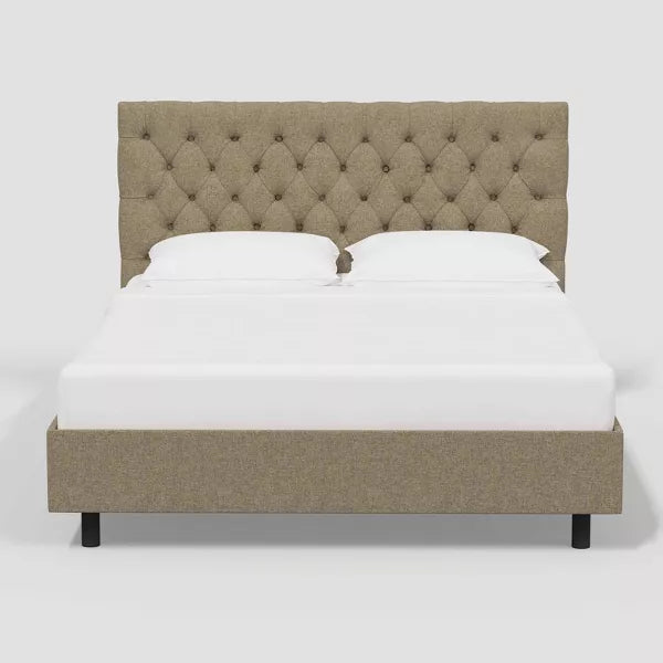 Beige Velvet Small Double Ottoman Bed with Chesterfield Headboard
