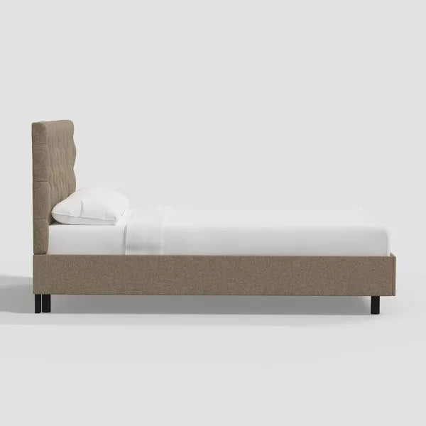 Beige Velvet Small Double Ottoman Bed with Chesterfield Headboard