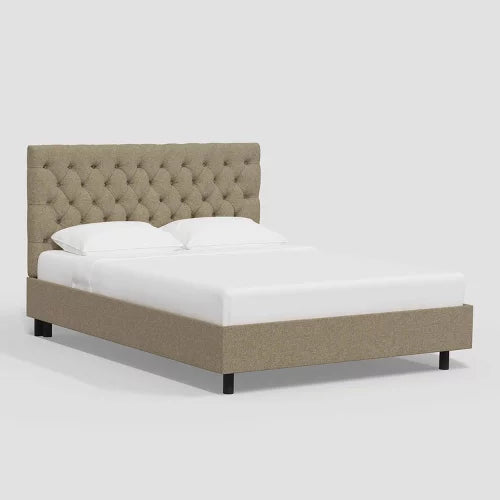 Beige Velvet Small Double Ottoman Bed with Chesterfield Headboard