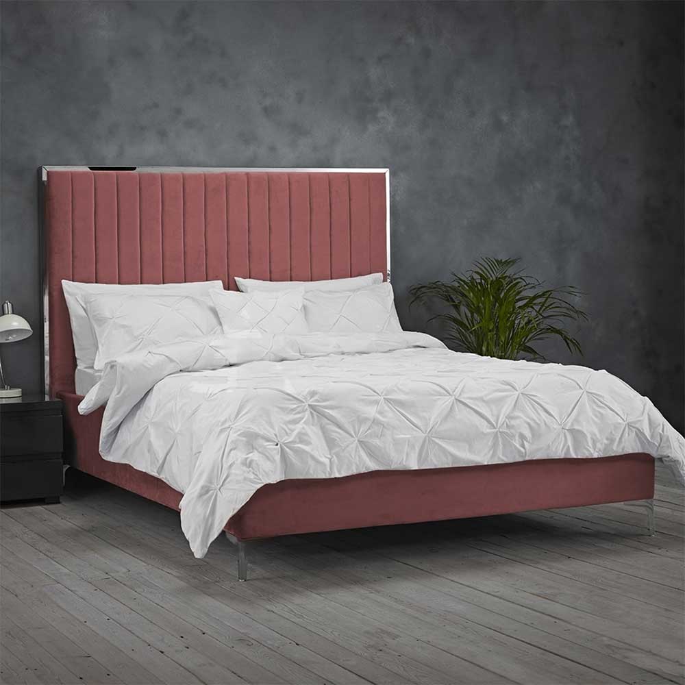 Grey Velvet King Size Bed Frame with Mirrored Headboard