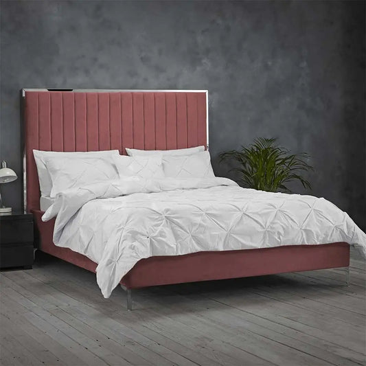 Grey Velvet King Size Bed Frame with Mirrored Headboard