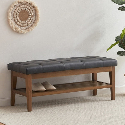Entryway Shoe Bench Fabric Solid Wood, 43-inch Upholstered Bench for Living Room, Bedrooms, Kitchen - Brown