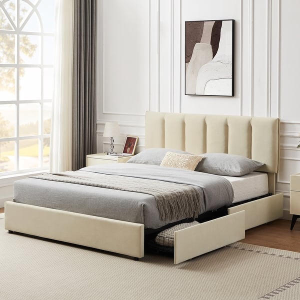 Javlergo Bed Frame with 4 Storage Drawers - Upholstered Platform Bed Frame with Adjustable Headboard