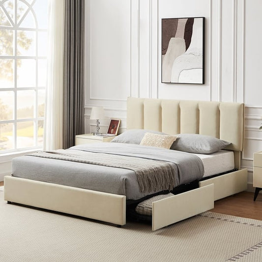 Javlergo Bed Frame with 4 Storage Drawers - Upholstered Platform Bed Frame with Adjustable Headboard