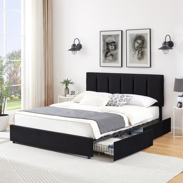 Javlergo Bed Frame with 4 Storage Drawers - Upholstered Platform Bed Frame with Adjustable Headboard