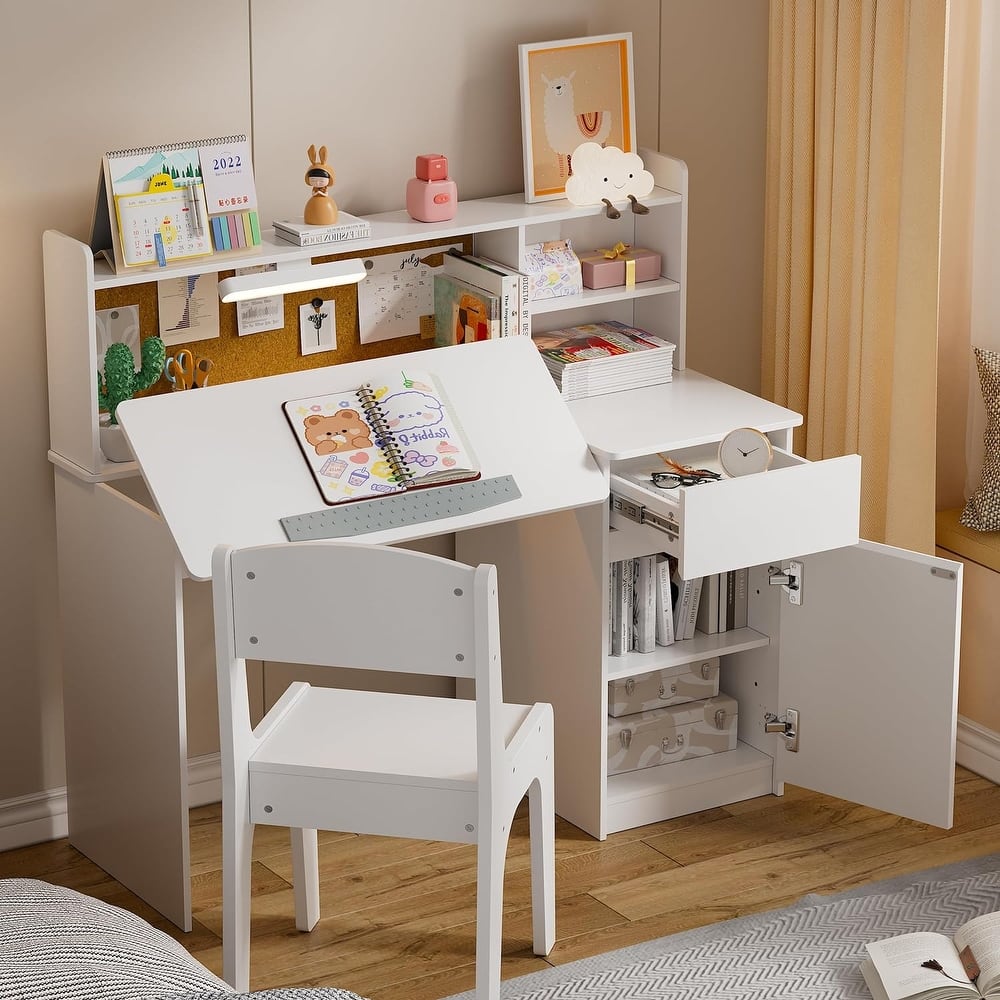 Kids Desk and Chair Set,Kids Study Desk with 3-Color Lights,Tiltable Desktop for Kids 5-12