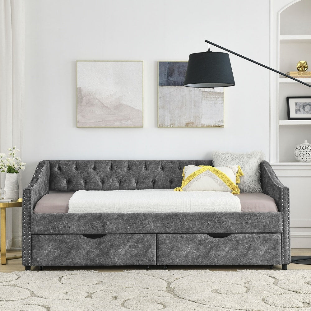 Linen Daybed with Drawers,Tufted Sofa Bed with Button and Copper Nail