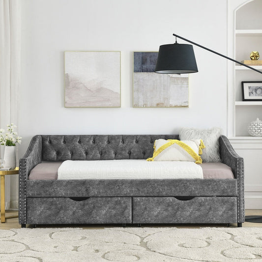 Linen Daybed with Drawers,Tufted Sofa Bed with Button and Copper Nail