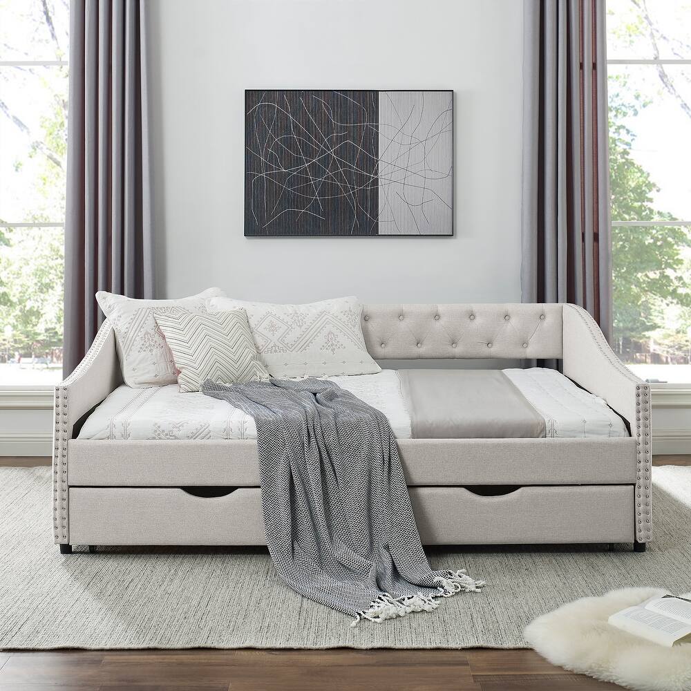 Linen Daybed with Drawers,Tufted Sofa Bed with Button and Copper Nail