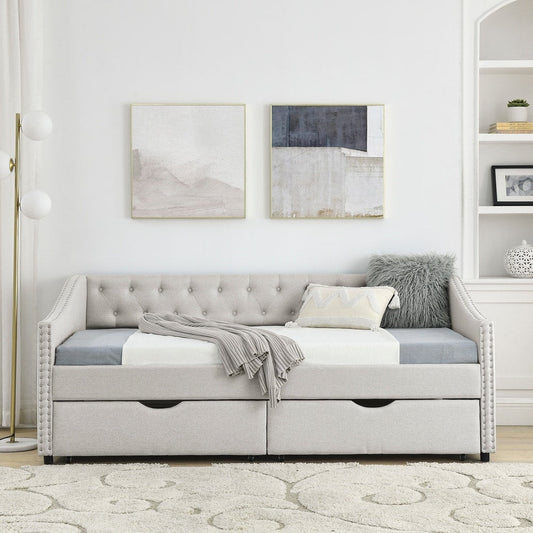 Linen Daybed with Drawers,Tufted Sofa Bed with Button and Copper Nail