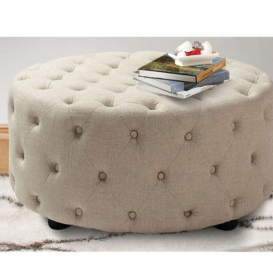 Linen Tufted Round Ottoman