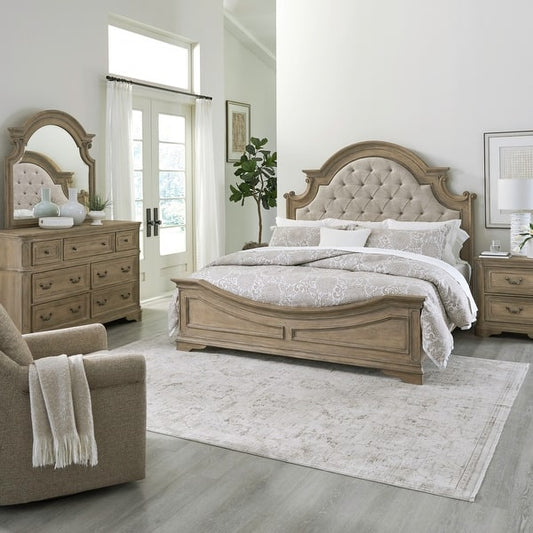 Magnolia Manor Upholstered Bed, Dresser and Mirror, and Nightstand Set