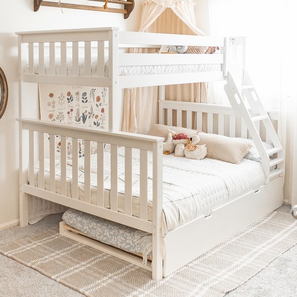 Twin over Full Bunk Bed with Trundle Bed - White