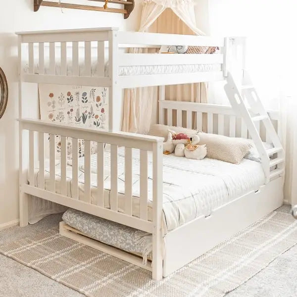 Twin over Full Bunk Bed with Trundle Bed - White