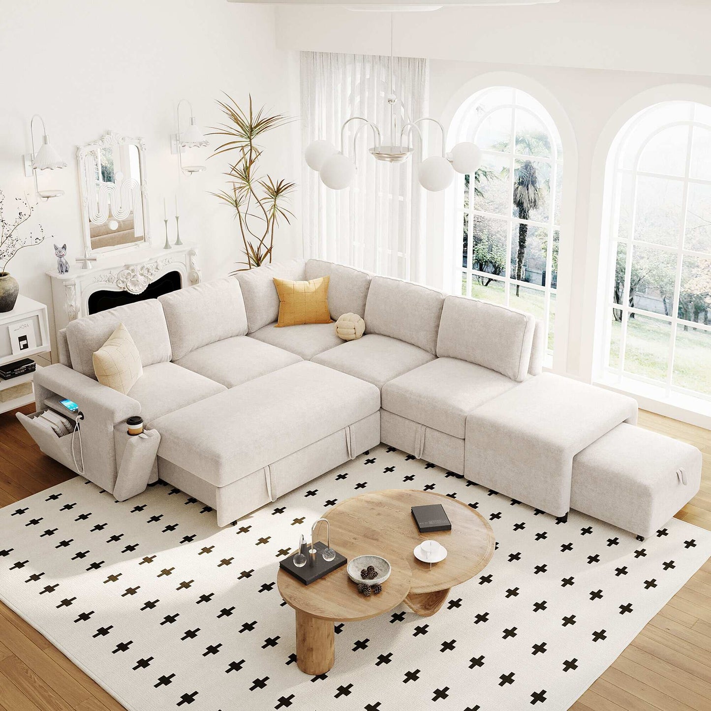 Beige 90.6" L-Shaped Sectional Sofa with Storage