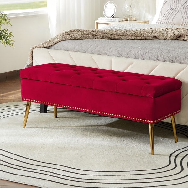 Neptunus Modern 45.5" W Velvet Bedroom Storage Bench for End of Bed with Nailhead Trim by HULALA HOME - Red